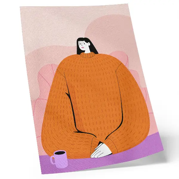 Dekorativní plakát postava v oranžovém svetru na růžovém pozadí