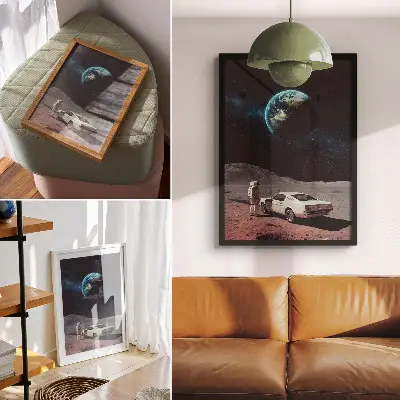 Plakát astronaut na Měsíci s autem a pohledem na Zemi a hvězdy