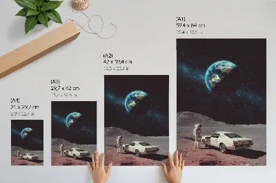 Plakát astronaut na Měsíci s autem a pohledem na Zemi a hvězdy