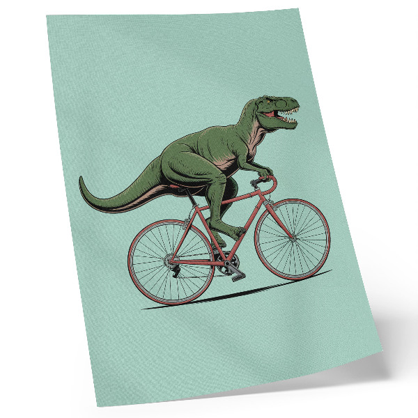 Dekorativní plakát Zelený dinosaurus na kole na tyrkysovém pozadí
