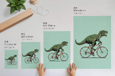 Dekorativní plakát Zelený dinosaurus na kole na tyrkysovém pozadí
