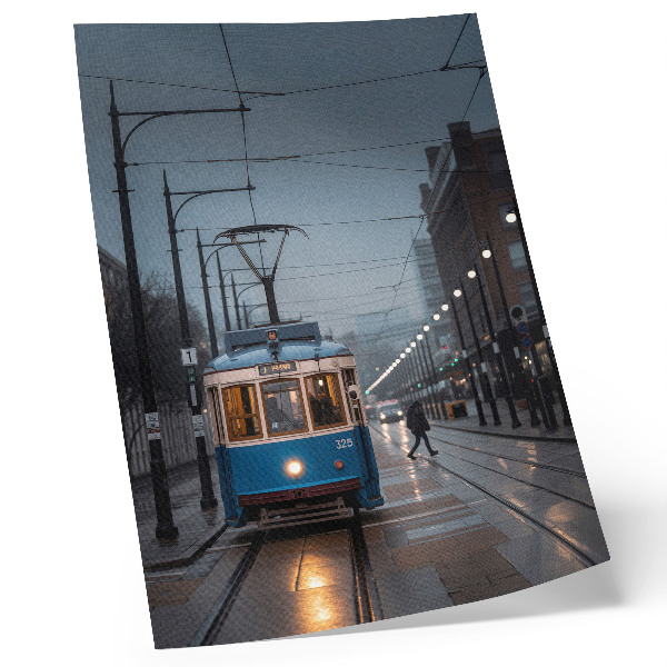 Plakát Modrá tramvaj deštivý den městský život