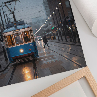 Plakát Modrá tramvaj deštivý den městský život
