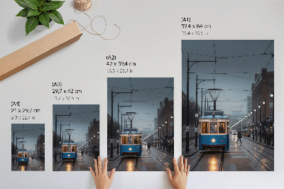 Plakát Modrá tramvaj deštivý den městský život