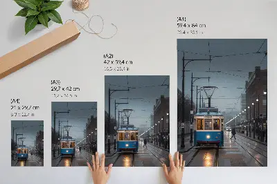 Plakát modrá tramvaj v deštivém dni zachycující městský život