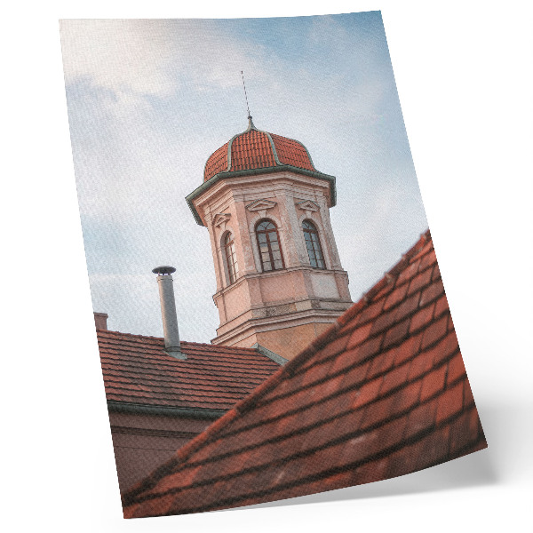 Plakátový obraz Rustikální věž cihlové střešní tašky modrá obloha