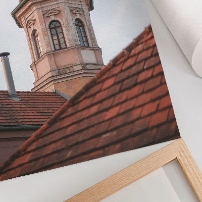 Plakátový obraz Rustikální věž cihlové střešní tašky modrá obloha