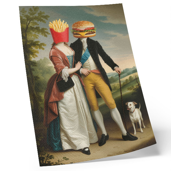 Plakát Surrealistická scéna humor hlavy hranolky hamburger
