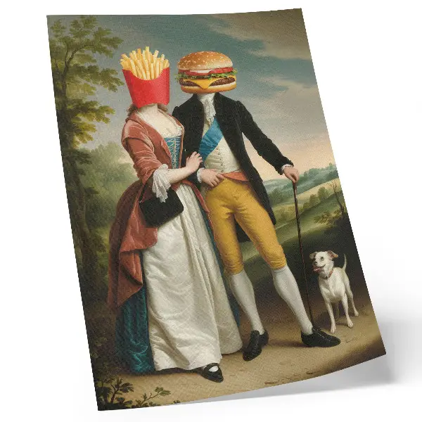 Plakát surrealistická scéna s humorným motivem hlavy z hranolků a hamburgeru