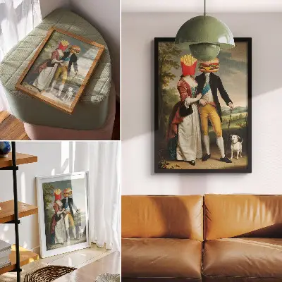 Plakát surrealistická scéna s humorným motivem hlavy z hranolků a hamburgeru
