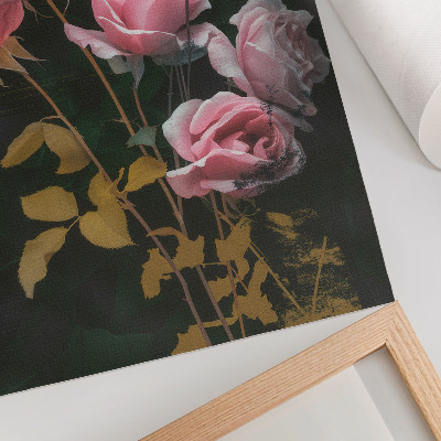 Dekorativní plakát Růžové růže zelené listy zlaté akcenty elegance