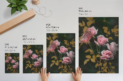 Dekorativní plakát Růžové růže zelené listy zlaté akcenty elegance