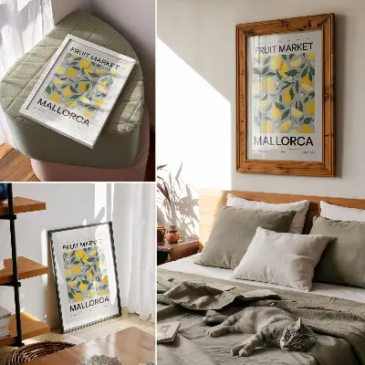 Plakát citronově zelené listy na modrém pozadí bez teček