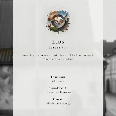 Plakát na zeď úzká ulice s činžovními domy, věží a postavou v modrém kabátě