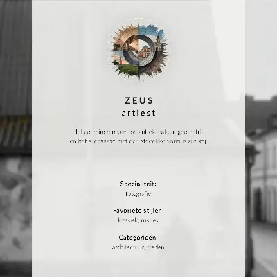 Plakát na zeď úzká ulice s činžovními domy, věží a postavou v modrém kabátě
