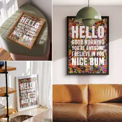 Dekorativní plakát s motivem barevných květin a moderní typografie v bílé barvě