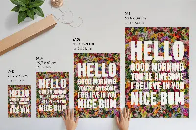 Dekorativní plakát s motivem barevných květin a moderní typografie v bílé barvě