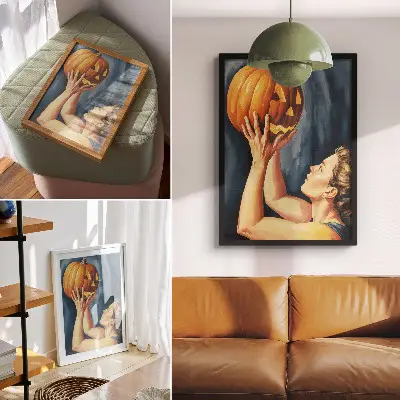 Nástěnný plakát oranžová dýně na tmavě modrém surrealistickém pozadí