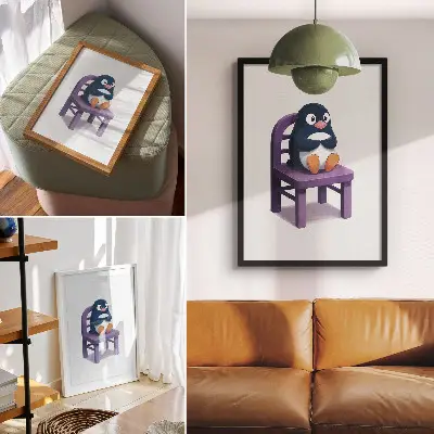 Plakát na zeď fialový tučňák na židli v minimalistickém stylu Joy