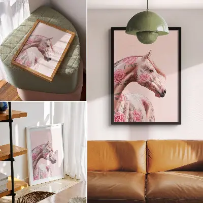Nástěnný plakát kůň s květinami v romantickém a moderním stylu
