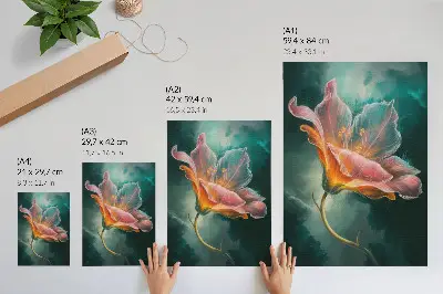 Plakátový obraz barevné surrealistické květiny na tyrkysovém pozadí