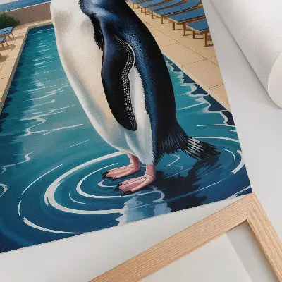 Nástěnný plakát tučňák u bazénu s palmami a výhledem na moře