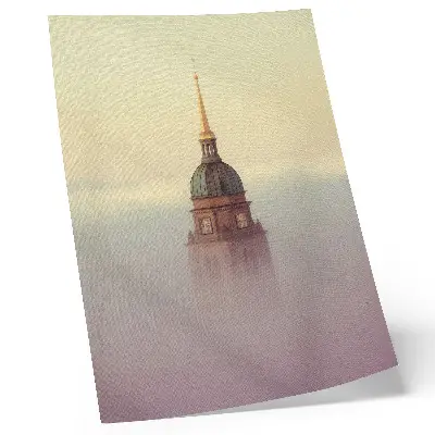 Nástěnný plakát věž v mlze v jemných barvách s klidnou kompozicí
