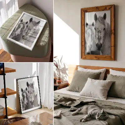 Plakát koně v monochromatickém záběru s nádechem elegance