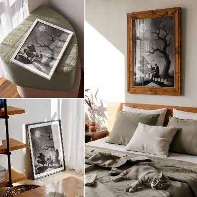 Plakát na zeď tlumené barvy s motivem duchů a klavíru pod měsícem