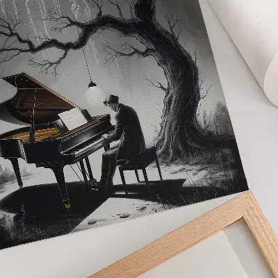 Plakát na zeď tlumené barvy s motivem duchů a klavíru pod měsícem