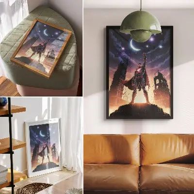 Plakát noční obloha s dynamickou postavou u tajemných ruin