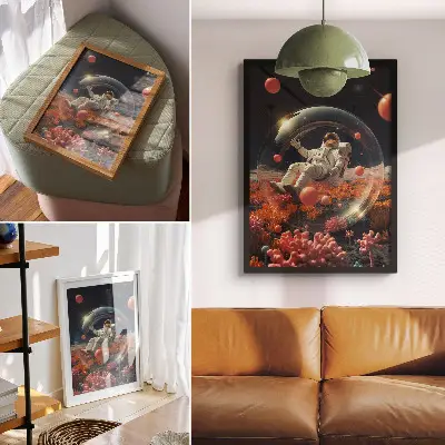 Plakát na zeď astronaut v barevném vesmíru s rostlinami
