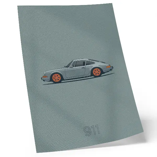 Plakátový obraz klasické auto s oranžovými ráfky na šedém pozadí