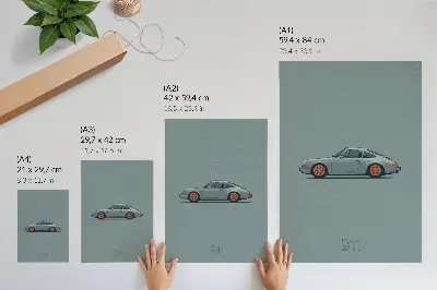 Plakátový obraz klasické auto s oranžovými ráfky na šedém pozadí