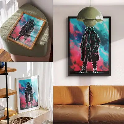 Plakát futuristická postava na pozadí oblohy ve výrazných barvách