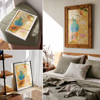 Plakátový obraz šťavnaté ovoce a barevné sedmikrásky v ilustrativním stylu