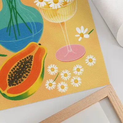 Plakátový obraz šťavnaté ovoce a barevné sedmikrásky v ilustrativním stylu