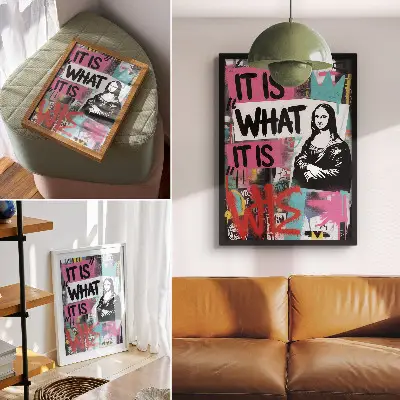 Dekorativní plakát s motivem energického graffiti a kontrastních textových ikon