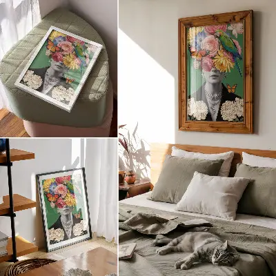 Plakát na zeď s motivem květin, ptáků, motýlů, elegantních postav a surrealismu