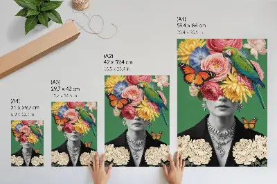 Plakát na zeď s motivem květin, ptáků, motýlů, elegantních postav a surrealismu