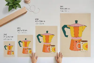 Plakát na zeď geometrická konvice na kávu a hrnek v živých a optimistických barvách