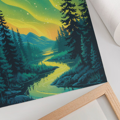 Plakátový obraz Polární záře na pozadí lesa a řeky, harmonické barvy