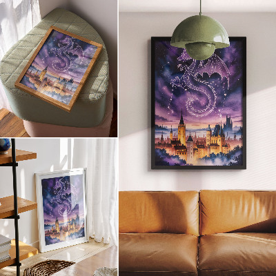 Nástěnný plakát Fantasy svět drak hrad obloha hvězdy prostor