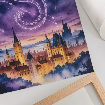 Nástěnný plakát s motivem fantasy světa s drakem, hradem a hvězdnou oblohou