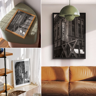 Plakát na zeď Černobílá architektura s neonovými světly hotelu