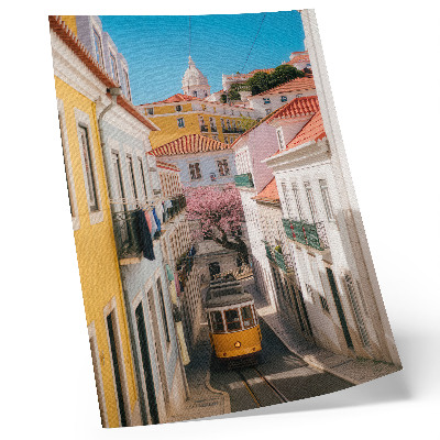 Plakát Ulice s tramvají, pastelové činžovní domy, květiny