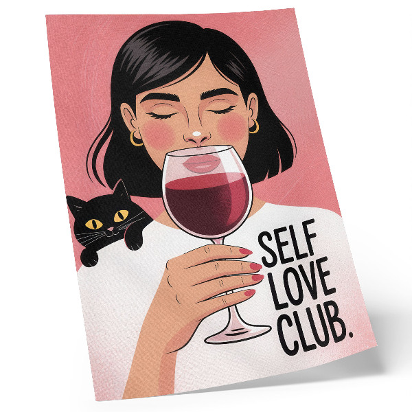 Dekorativní plakát Žena s vínem a kočkou ve stylu ilustrace