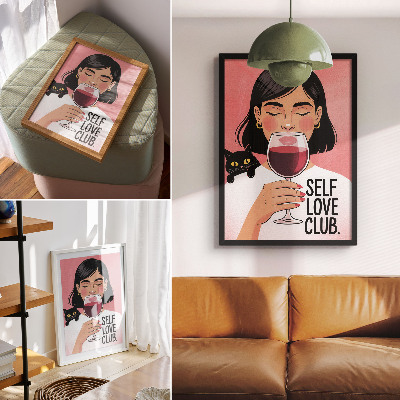 Dekorativní plakát Žena s vínem a kočkou ve stylu ilustrace