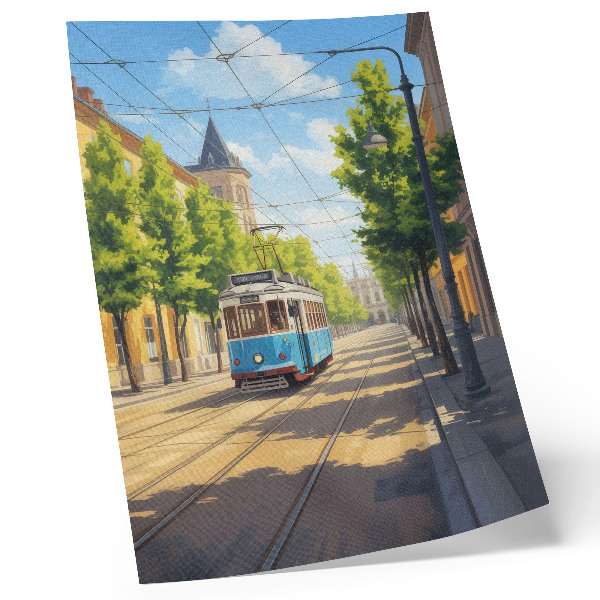 Nástěnný plakát Slunečná pouliční tramvaj zelená a modrá