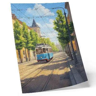 Nástěnný plakát slunečná pouliční tramvaj v zelených a modrých barvách